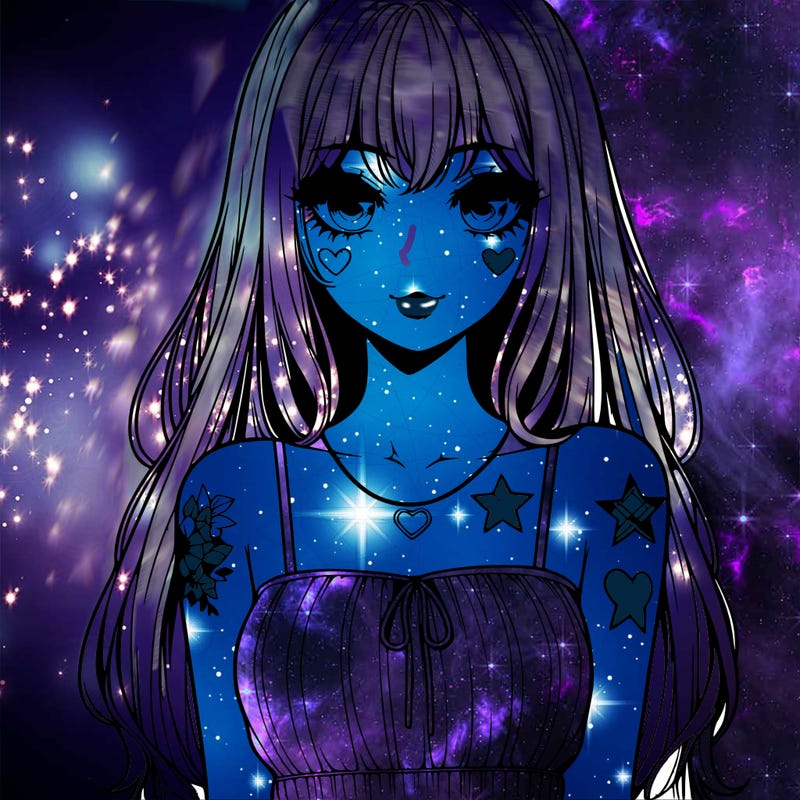 realistic anime girl with long hair star heart tattoos with a simple fabric dress with full lips