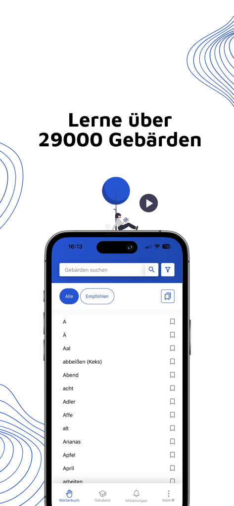 Interface of the Der Kestner DGS app showing a dictionary list for German Sign Language