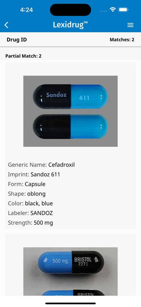 Interface of the UpToDate Lexidrug app showing drug identification results for a black and blue capsule.