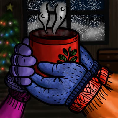 close-up of a girl's mittened hands holding a steaming mug