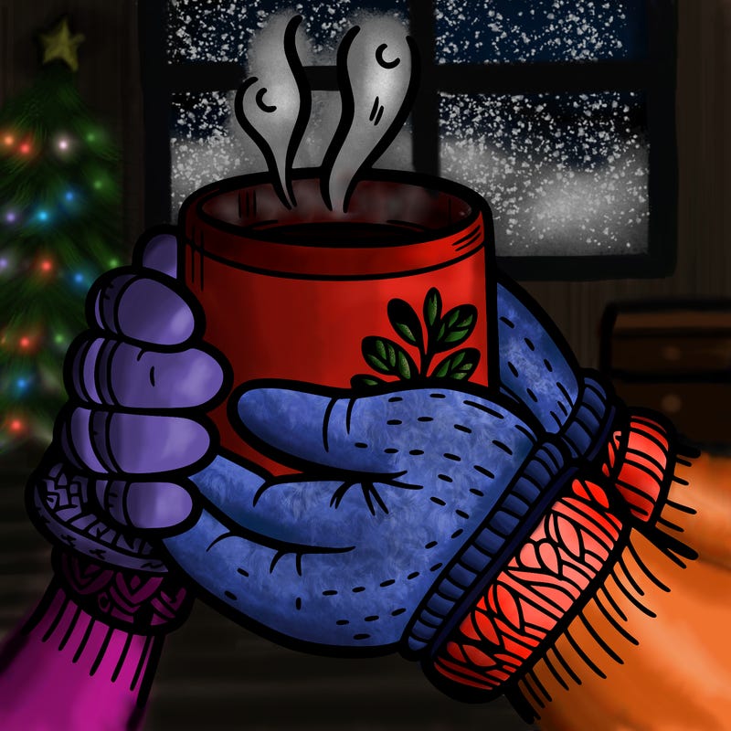 close-up of a girl's mittened hands holding a steaming mug