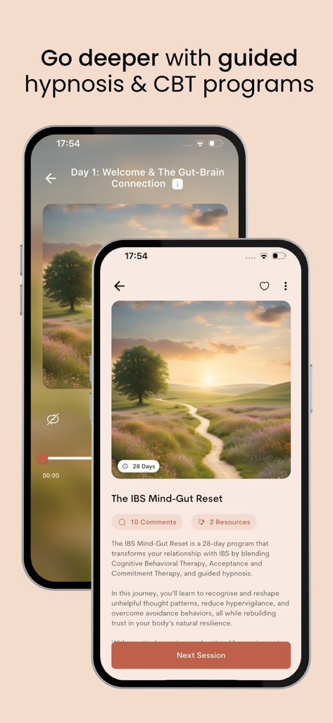 The Calm Gut: IBS Hypnotherapy - Screenshot of The Calm Gut app showing the IBS Mind-Gut Reset 28-day program with guided hypnosis and CBT sessions.