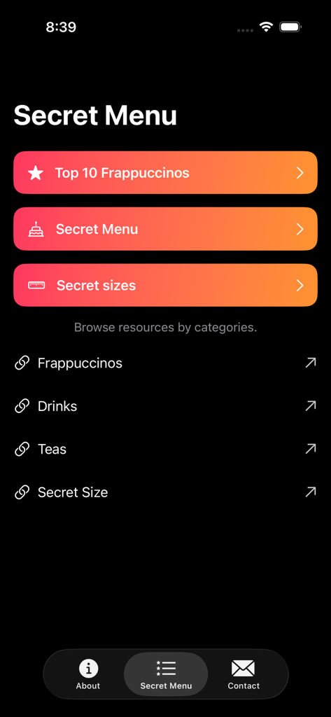 Starbucks secret menu app interface showing categories for drinks and frappuccinos