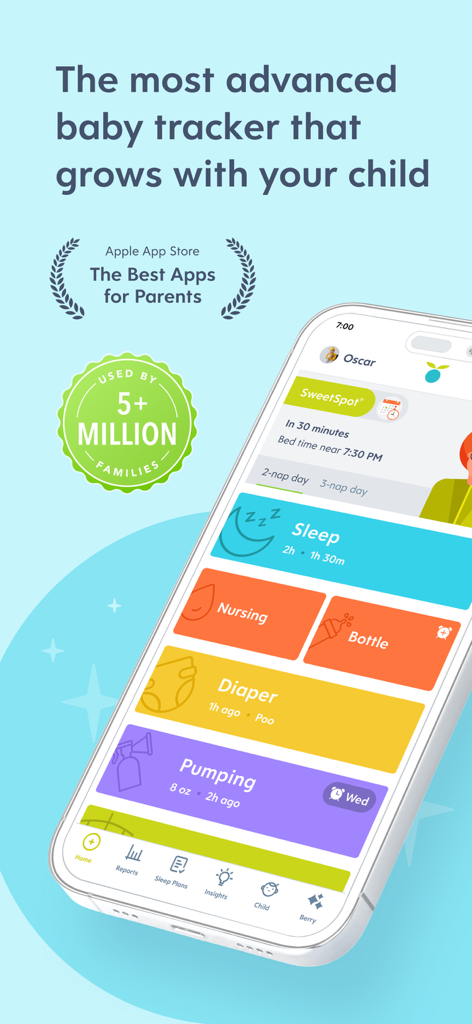 Huckleberry baby tracker app interface for tracking sleep and feeding