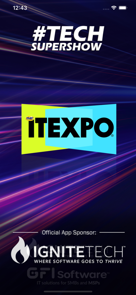 Tela inicial do aplicativo ITEXPO TECHSUPERSHOW com logotipos do evento e patrocinadores