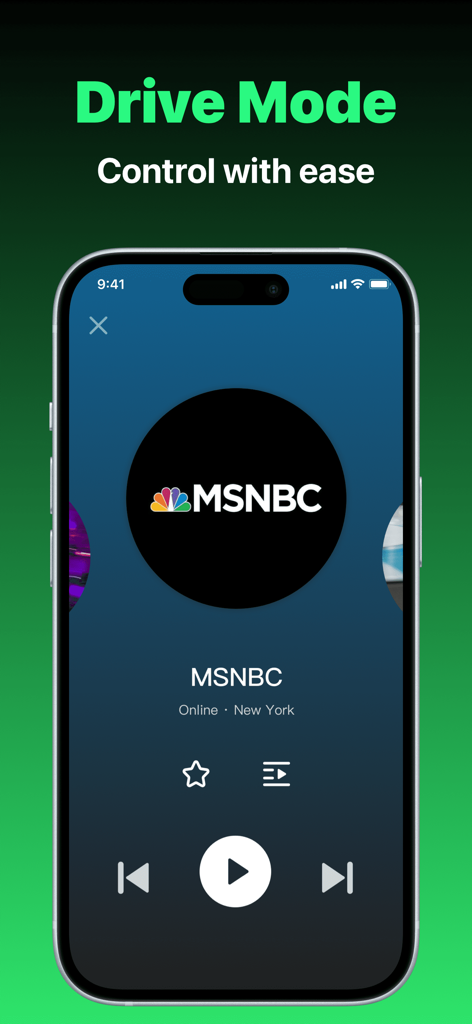 Interface de l'application Radio FM montrant le Mode Conduite avec la station d'actualités MSNBC
