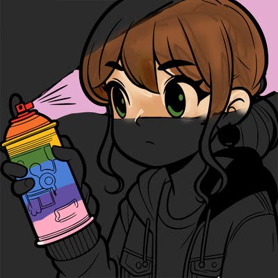 a girl looking at a spray painting can