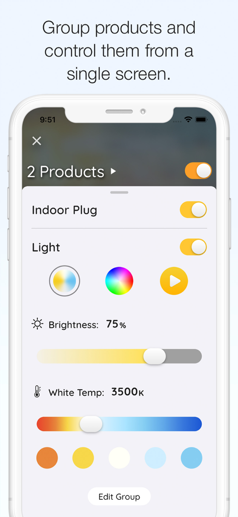 Hubspace app screen showing grouped control for an indoor plug and smart light with brightness and color temperature settings