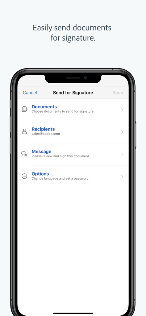 スマートフォンに表示されたAdobe Acrobat Signアプリのインターフェイス。署名のために送信ワークフロー、文書、受信者フィールドを表示。
