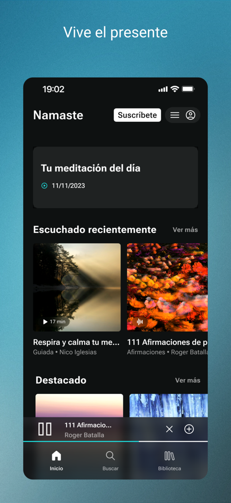 Despertar: Meditación y Dormir - Pantalla de inicio de la aplicación de meditación Despertar mostrando contenido de mindfulness en español