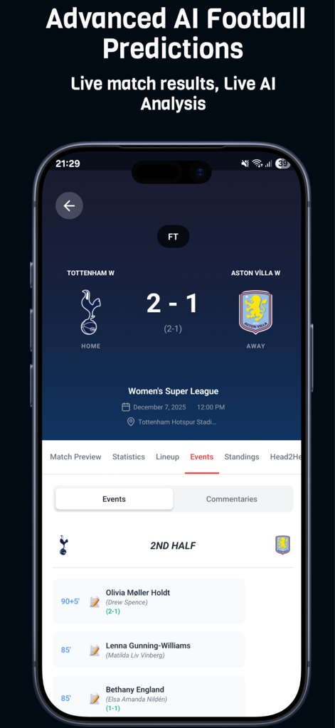 AI ScoreCast PRO - Screenshot von AI ScoreCast PRO, der Live-Fußballspielergebnisse und -ereignisse mit fortgeschrittener KI-Analyse anzeigt.