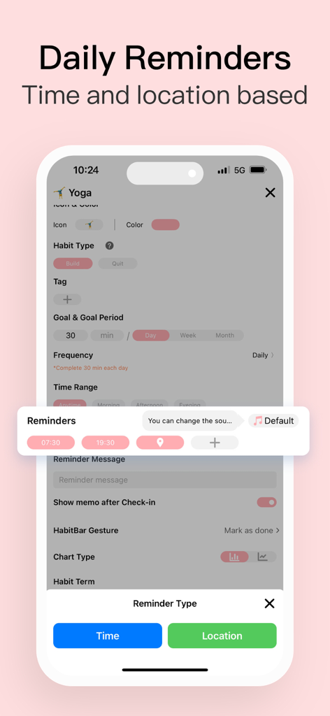 Habit Tracker app interface showing options for setting time and location based daily reminders.