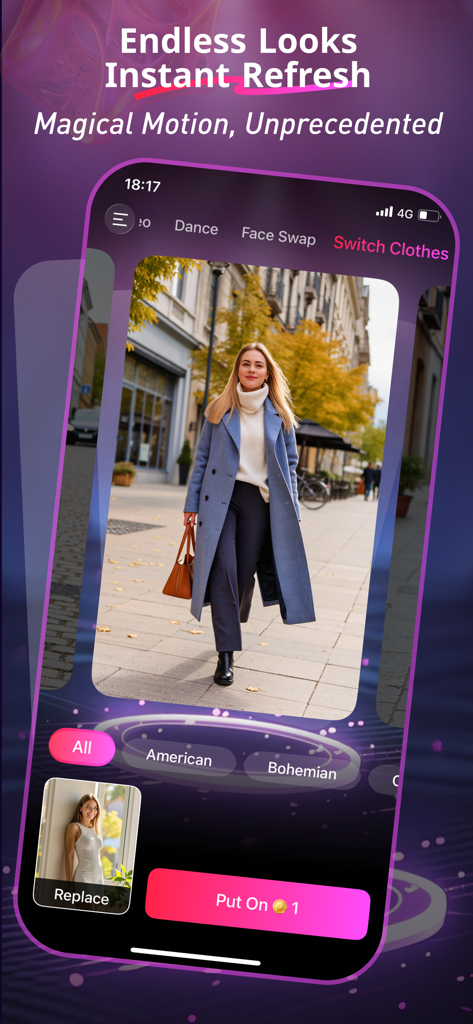 Stymov - Interfaz de la aplicación móvil Stymov mostrando la función de cambio de vestuario virtual IA con una mujer en un elegante abrigo azul.