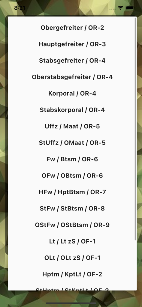 meinEinsatz-AVZ - Une liste de sélection des grades militaires allemands et des codes OTAN dans l'interface de l'application meinEinsatz-AVZ.
