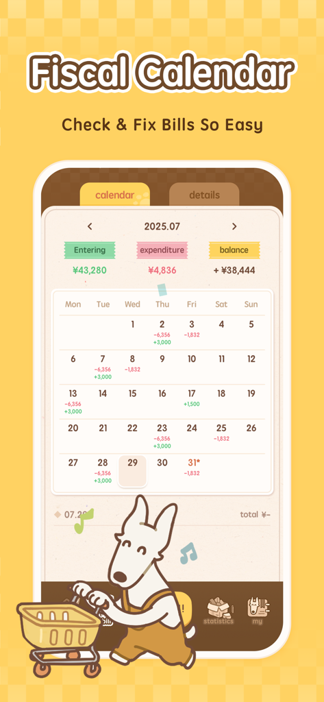 MoneyUP - Money Tracker App - MoneyUP app fiscal calendar screen showing monthly income and expenses with Tomi the dog mascot
