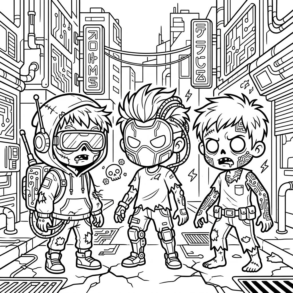 Cyberpunk Child Zombies Coloring Page | Sci-Fi & Horror Fun