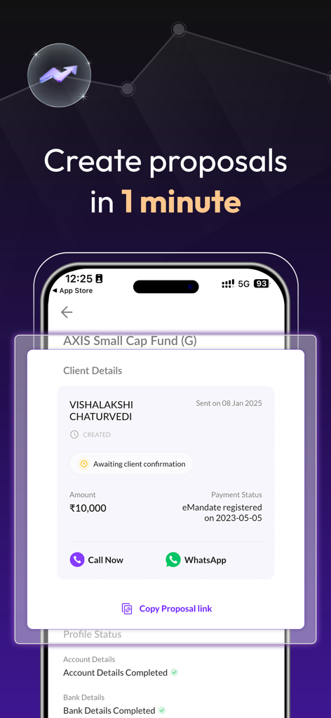 Wealthy Partner - MFDs & IFAs - Wealthy Partner app interface showing a client proposal for a mutual fund investment with quick sharing options via WhatsApp and call