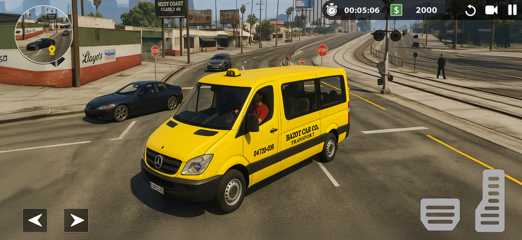 Taxi Driver Car Driving Games - A yellow transport van at a city street intersection in the Taxi Driver simulation game