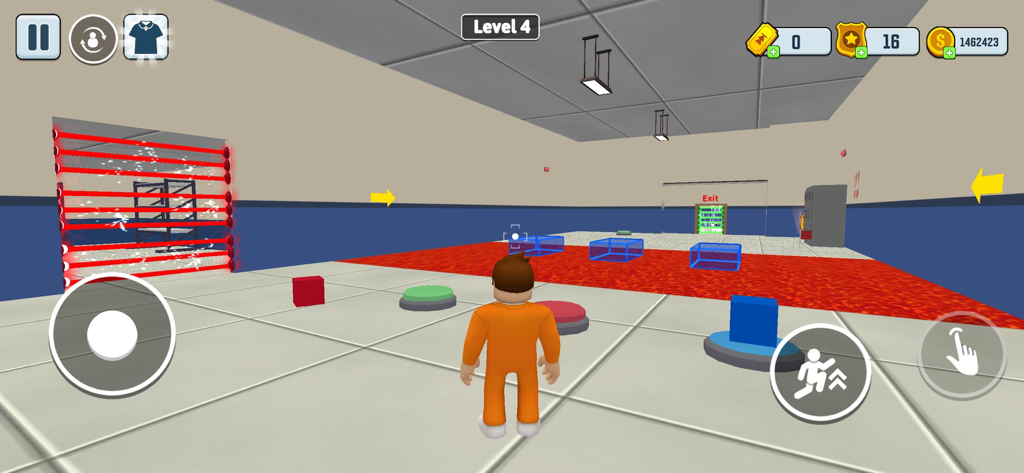 Un personaje con un mono naranja de prisionero navegando por un recorrido de obstáculos de escape de prisión en 3D con botones de colores y láseres.