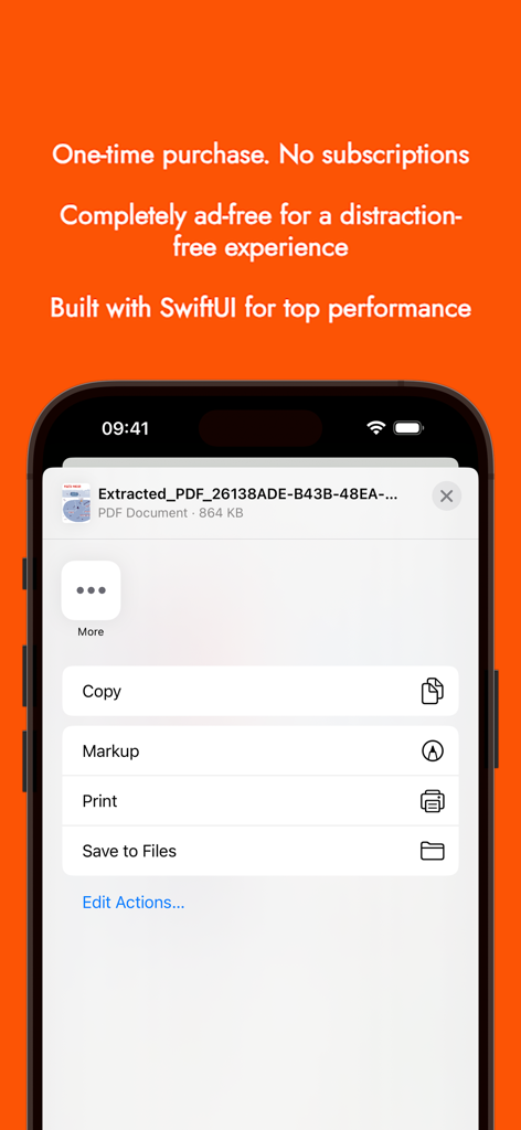 Local PDF - App Local PDF su iPhone che mostra il menu delle azioni del documento con etichette di nessun abbonamento e senza pubblicità