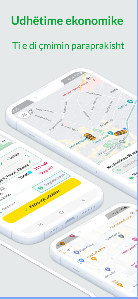VrapOn Taxi Albania - Mobile app interface for VrapOn Taxi Albania showing a live map with taxi locations and upfront trip pricing in Tirana.