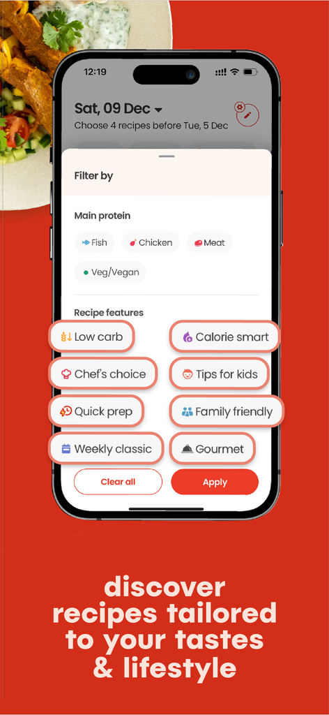 Hello Chef: Meal Kit & Recipes - Hello Chef app screen showing recipe filters for protein type and lifestyle preferences like low carb and family friendly