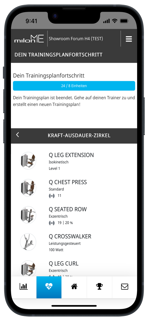 Interface of the milon ME app on an iPhone showing a strength and endurance circuit workout plan with progress tracking