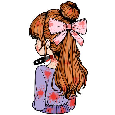 realistic girl  with hip length hair a bun and a big bow on the back of head