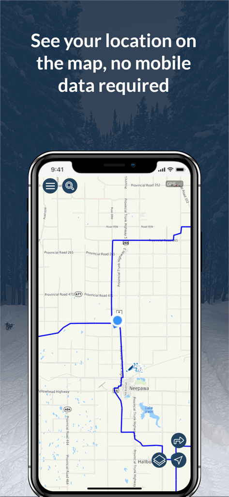 NYSSA Snowmobile Trails app interface showing offline GPS navigation on a trail map