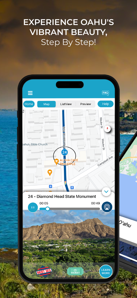 Oahu Grand Circle GPS Guide - ダイヤモンドヘッド州立記念碑の地図とオーディオツアーを表示するオアフ島グランドサークルGPSガイドアプリの画面。