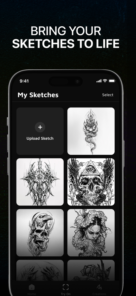 AI Tattoo Maker & Generator - A gallery of custom tattoo sketches and intricate designs on a mobile app interface