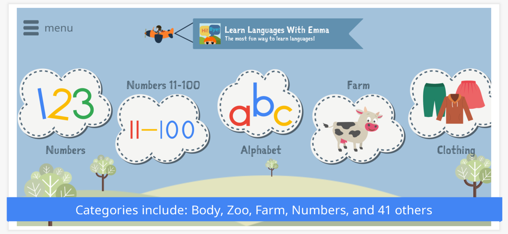 Learn Languages With Emma - Una pantalla de la aplicación Learn Languages With Emma que muestra categorías de aprendizaje temáticas como Números, Abecedario y Animales de Granja.