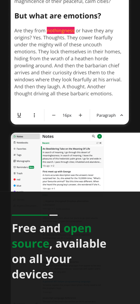Notesnook: Private note taking - Interfaz de la aplicación Notesnook que muestra un editor de notas privado y un mensaje indicando que es gratuita y de código abierto en todos los dispositivos