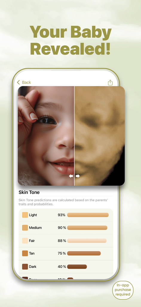 Ultrasound to Photo AI - Pantalla dividida que muestra una ecografía transformada en una foto de bebé realista con datos de predicción de tono de piel