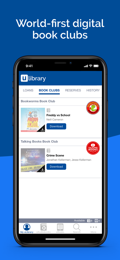 uLIBRARY - uLIBRARY app interface showing the Book Clubs section with curated book recommendations for readers.