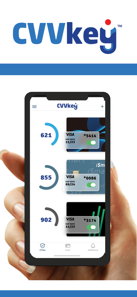 Smartphone displaying the CVVkey app interface with dynamic security codes for multiple credit cards