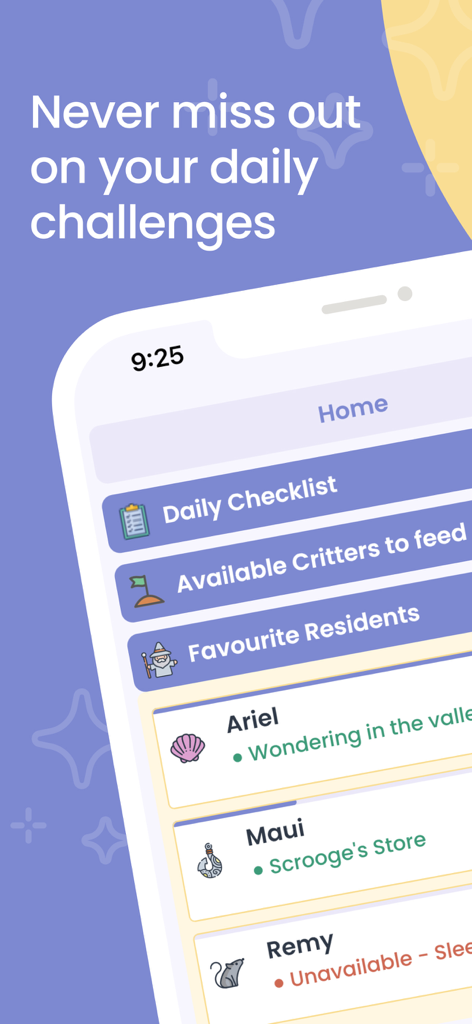 DLV Guide - Captura de pantalla de la aplicación Guía DLV que muestra la lista de verificación diaria y el seguimiento del estado de los residentes para Disney Dreamlight Valley