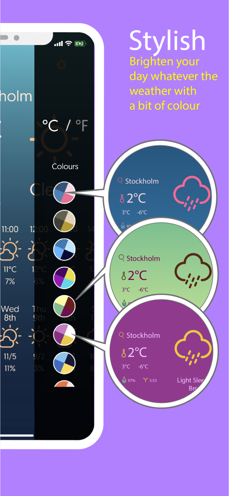 Rain / Shine - Aplicação de meteorologia Rain / Shine a mostrar várias opções de temas coloridos e pré-visualizações de previsões numa interface limpa e minimalista.