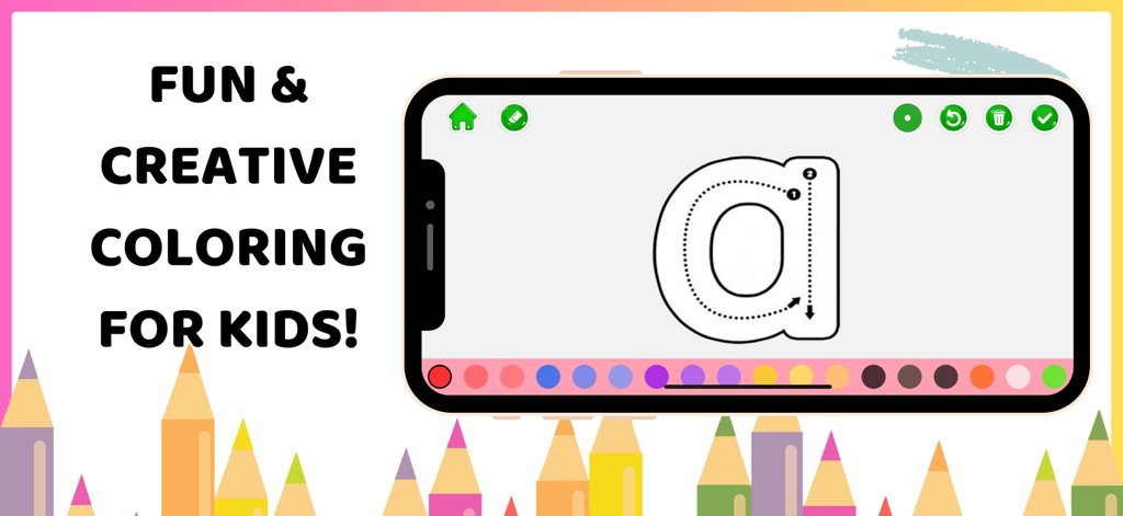 Easy Drawing & Painting - Ein Screenshot einer Mal-App für Kinder, der zeigt, wie ein Kind lernt, den Buchstaben a nachzuzeichnen und auszumalen