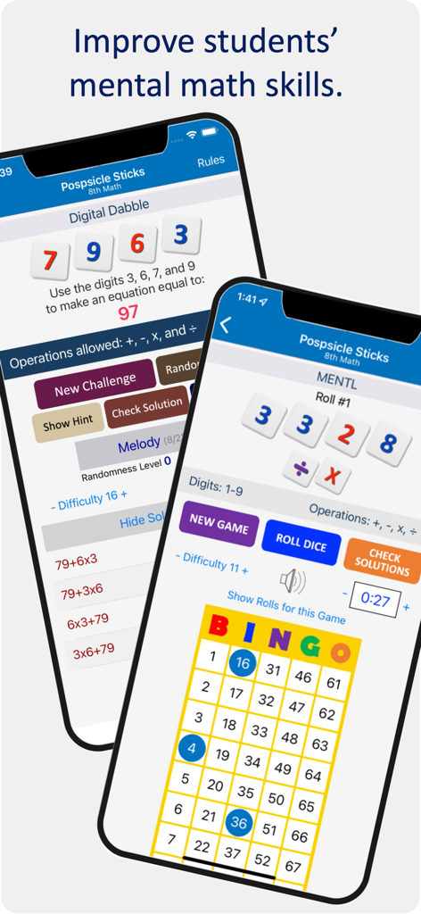 Screenshot of Popsicle Sticks Unlimited app showing mental math games and an educational bingo board.