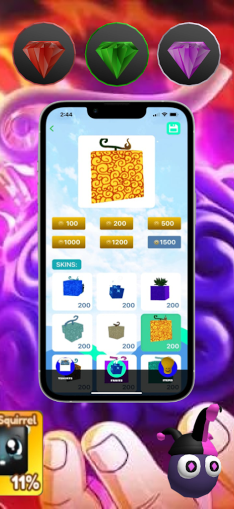 Blox Fruits for Rblx - Interfaz de la app Blox Fruits para Rblx mostrando el creador de skins y la colección de frutas