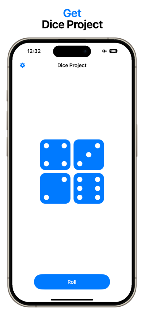 Dice Project - Dice Project application screen displaying four blue dice and a roll button