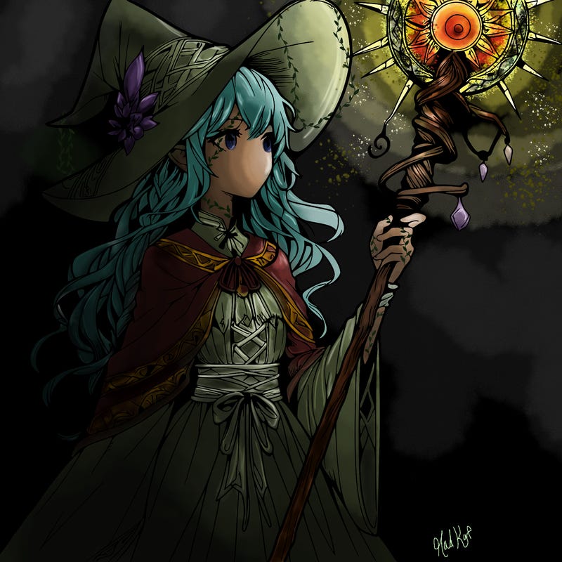 a realistic fantasy manga witch with a staff
