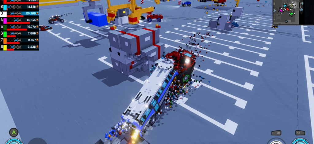 Carnage: Battle Arena - Voxel style car combat featuring a bus being destroyed in a multiplayer battle arena