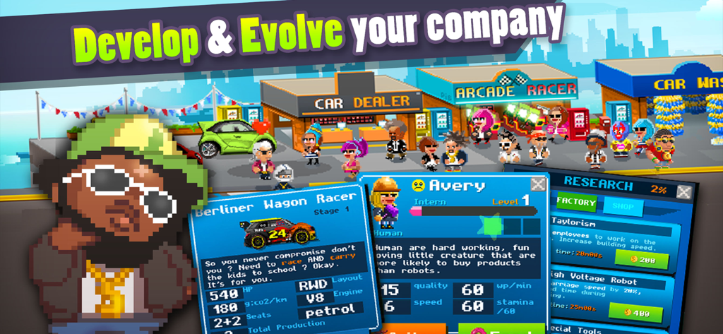 A pixel art game interface showing car manufacturing research and factory development