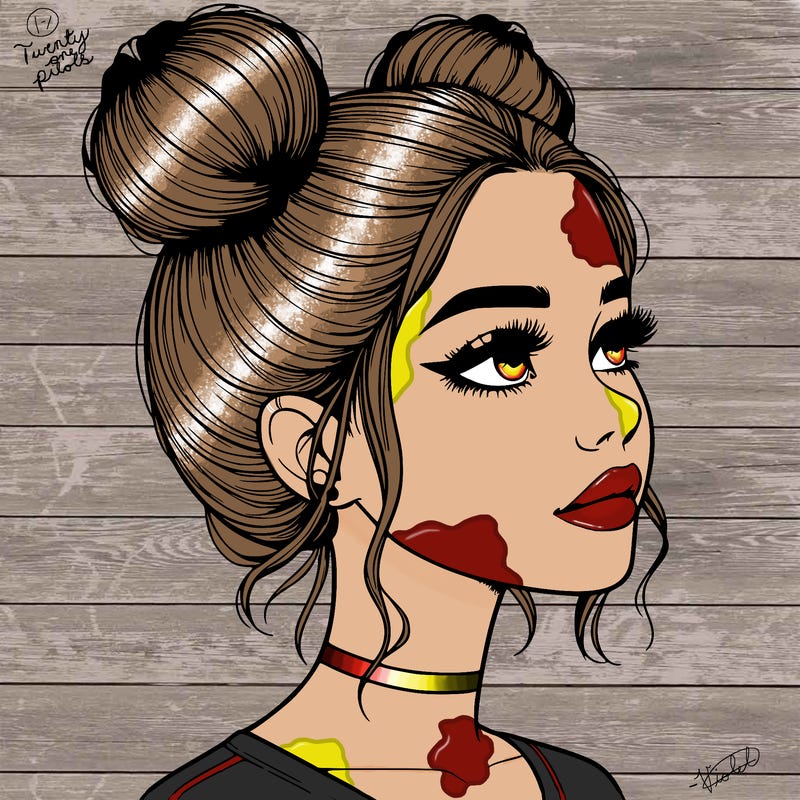 realistic girl with buns on the top of her head