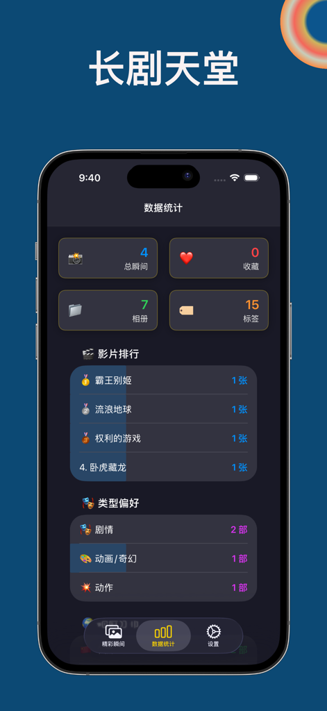 长剧天堂 - Le tableau de bord des statistiques de l'application mobile Long Drama Paradise montrant les collections d'utilisateurs et les classements de films