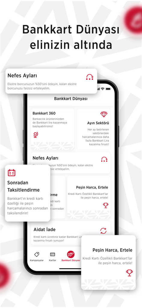 Bankkart Mobil - Écran de smartphone affichant les fonctionnalités de l'application Bankkart Mobil pour la gestion des cartes et les récompenses