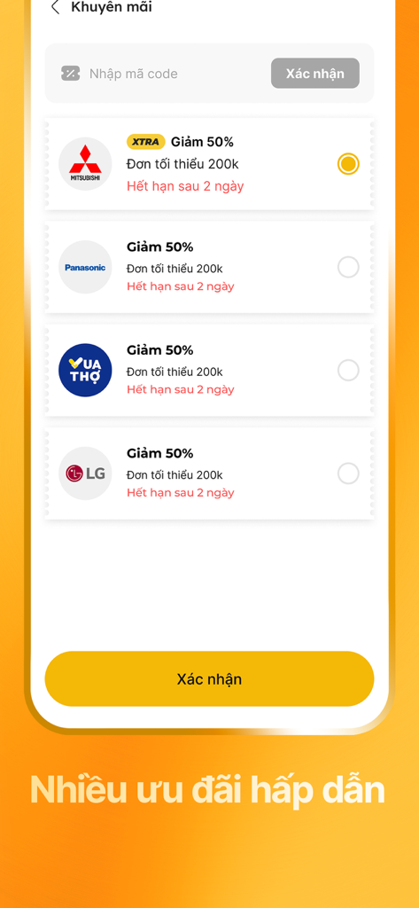 Promotions screen of the Vua Tho app showing fifty percent discount vouchers from brands like Mitsubishi Panasonic and LG