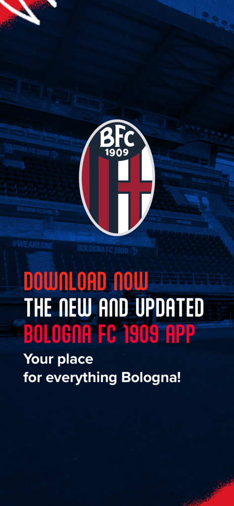 Official Bologna FC 1909 app download screen featuring the club crest and stadium